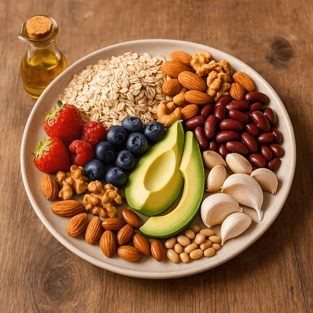 Teller mit Haferflocken, Nüssen, Beeren, Avocado und Hülsenfrüchten.