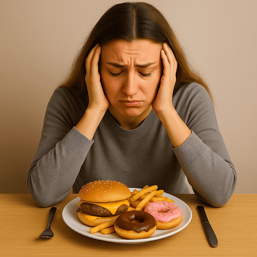 Frau stützt den Kopf mit beiden Händen vor einem Teller mit Burgern, Pommes und Donuts.