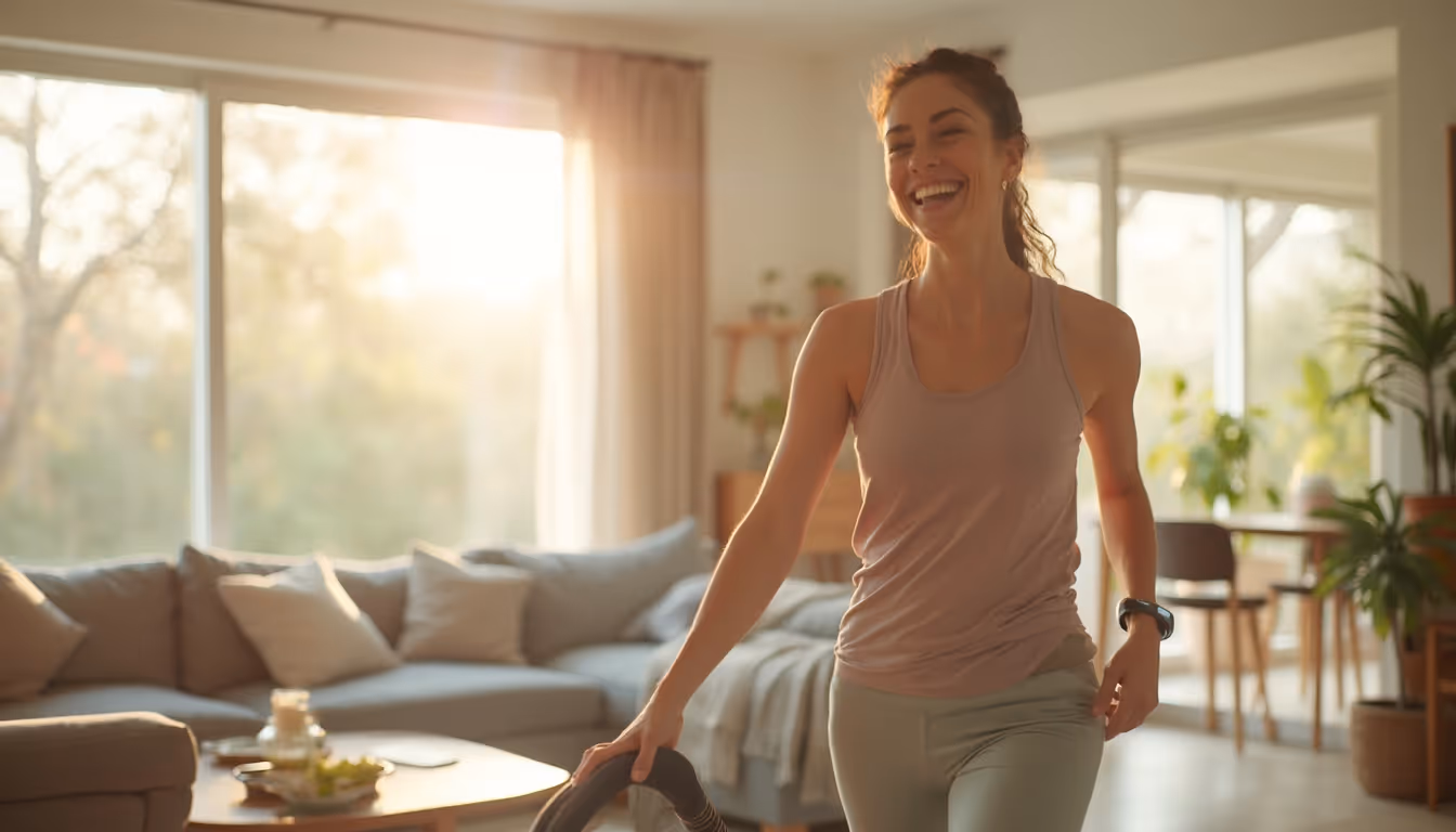 NEAT: Frau beim Staubsaugen als Symbol für non exercise activity thermogenesis und erhöhten Kalorienverbrauch."