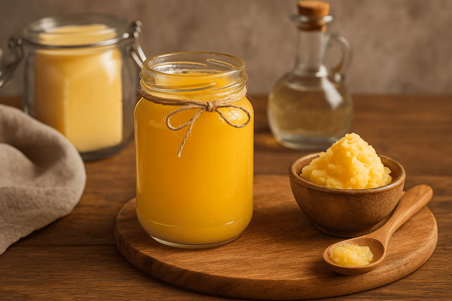 Gläser und eine Schale mit Ghee auf einem Holzbrett.