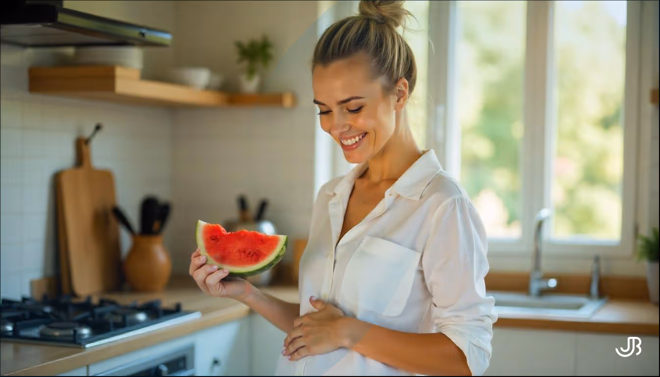 Frau hält eine Scheibe Wassermelone in der Küche.