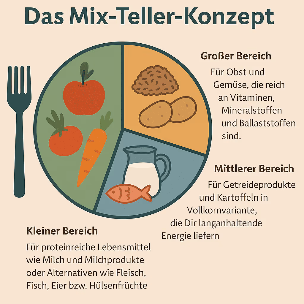 Mix-Teller: großer Bereich für Obst und Gemüse, mittlerer Bereich für Getreide und Kartoffeln, kleiner Bereich für eiweißreiche Lebensmittel.