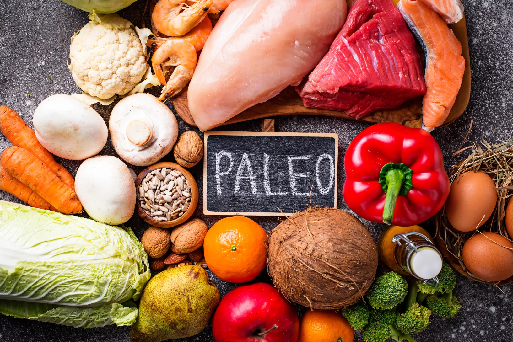 Fleisch, Fisch, Eier, Gemüse und Nüsse um eine Tafel mit der Aufschrift Paleo.