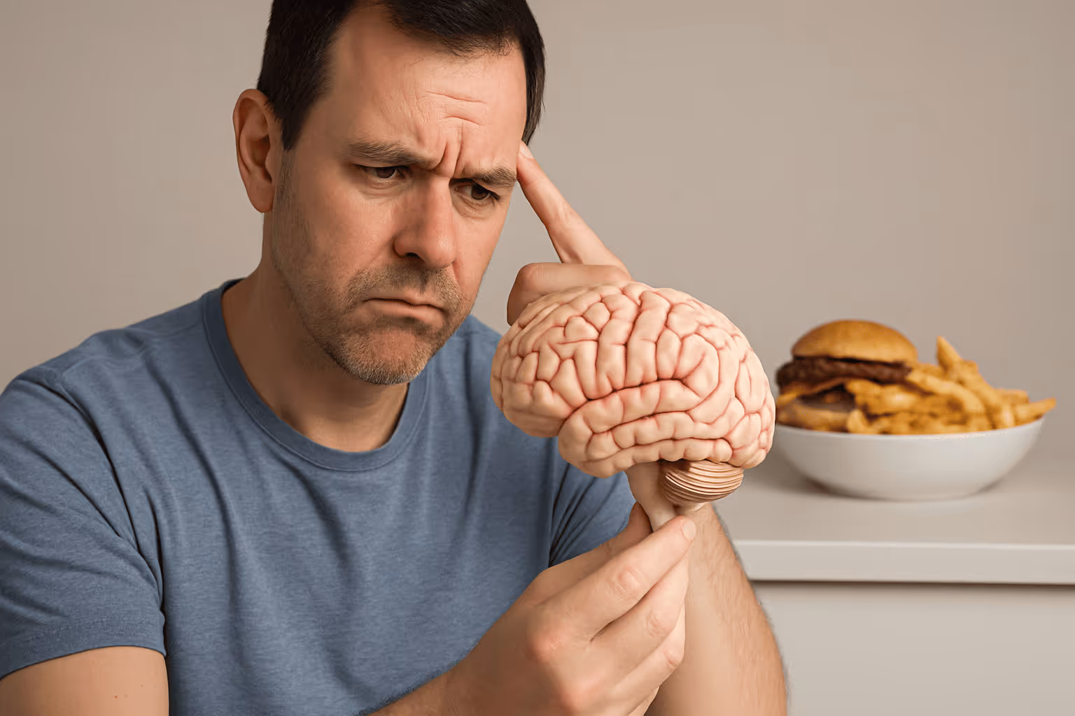 Mann hält ein Gehirnmodell; im Hintergrund stehen Burger und Pommes.