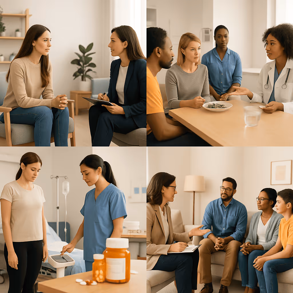 Collage mit Einzelgespräch, Familiengespräch, Untersuchung und Gruppengespräch.