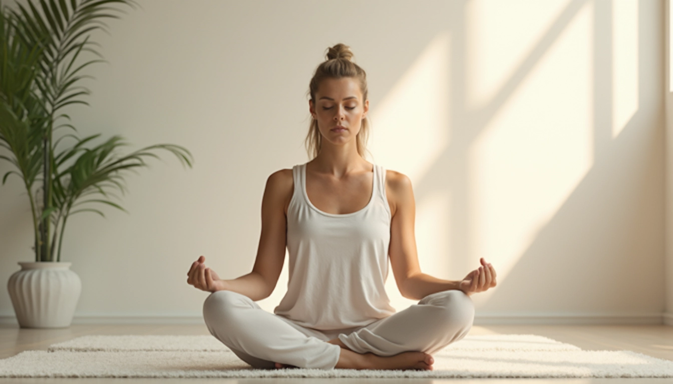 Person in meditativer Pose in ruhiger Umgebung, symbolisiert Stressabbau & Hormonbalance durch Achtsamkeit