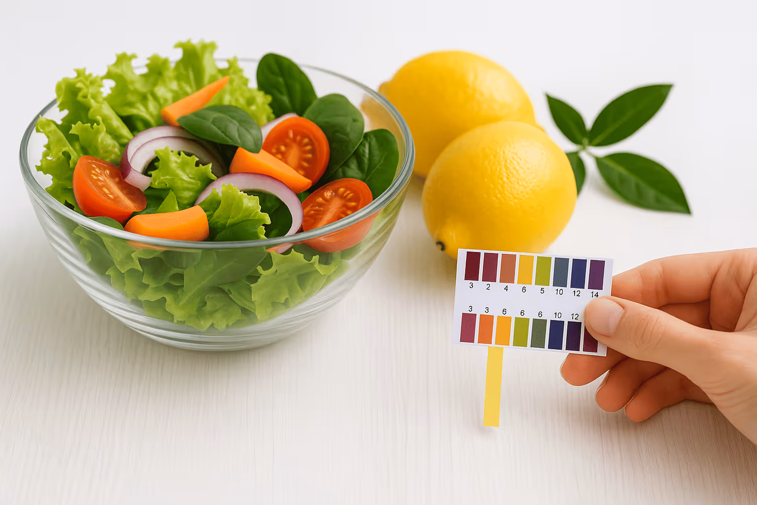 Salatschüssel und Zitronen neben einem pH-Teststreifen mit Farbskala.