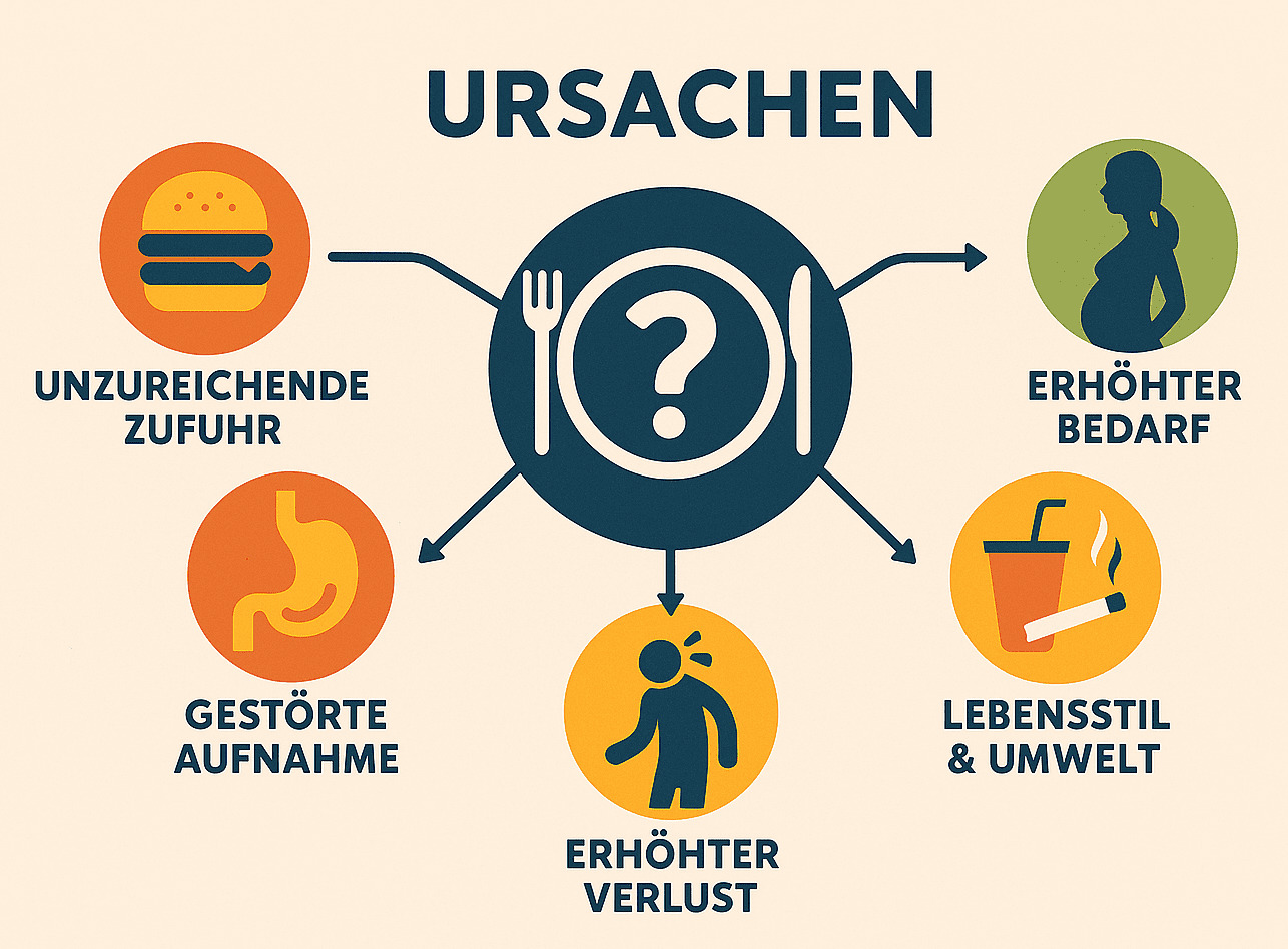 Grafik zu Nährstoffmangel: unzureichende Zufuhr, gestörte Aufnahme, erhöhter Verlust, erhöhter Bedarf sowie Lebensstil und Umwelt.