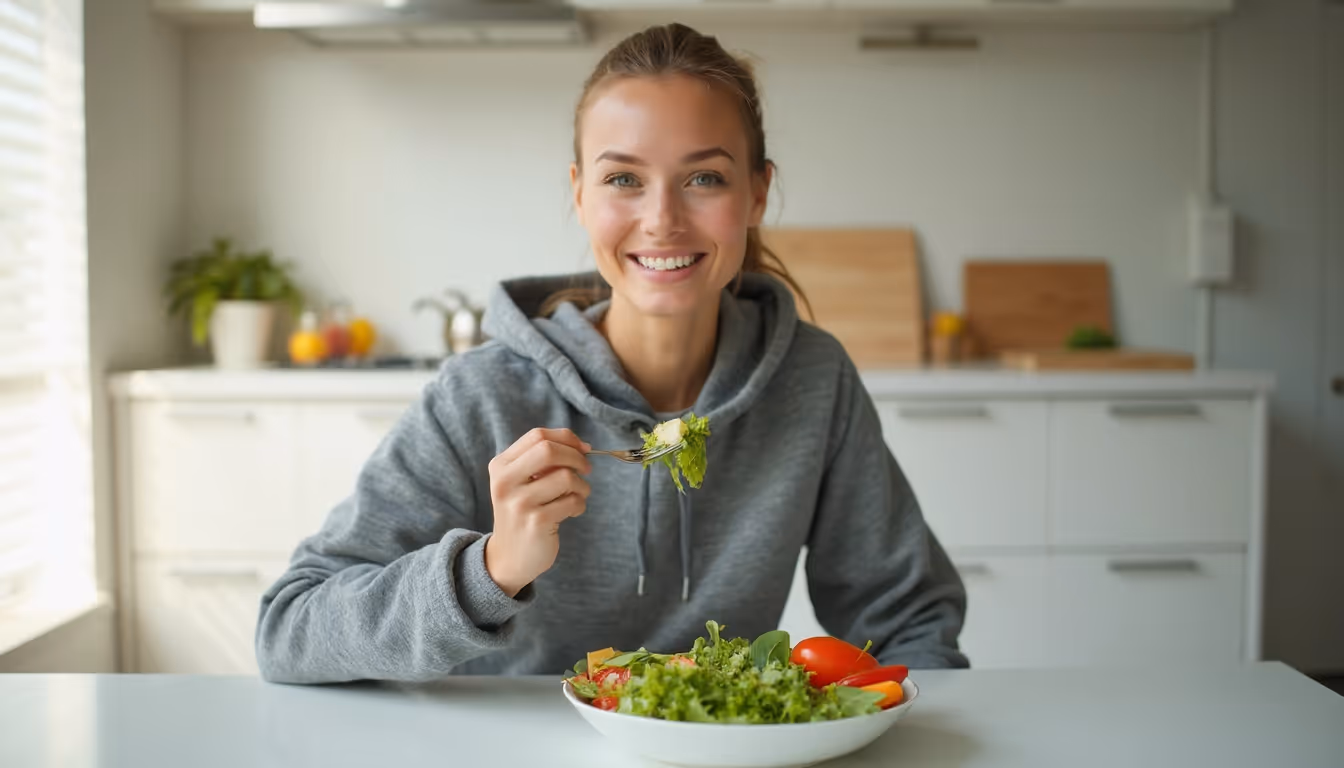 Frau mit Salat in moderner Küche – Tipps für erhöhten Eisenbedarf