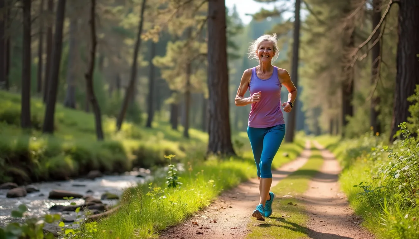 Frau joggt entspannt im Wald – Fitnessempfehlungen bei Hashimoto von Jan Bahmann für Frauen.