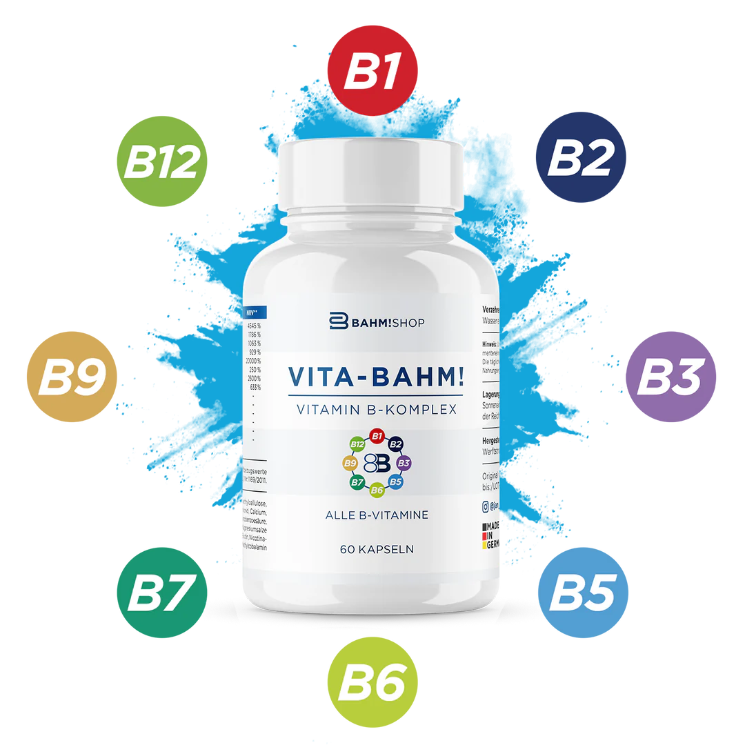 Dose mit Vitamin-B-Komplex, umgeben von den Bezeichnungen B1, B2, B3, B5, B6, B7, B9 und B12.