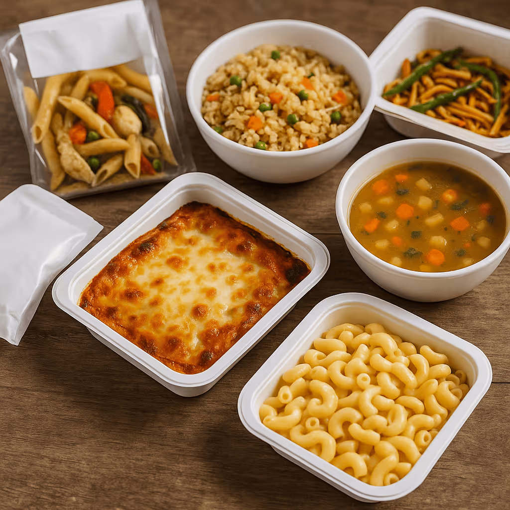 Mehrere Fertiggerichte in Schalen, darunter Reis, Suppe, Lasagne und Nudeln.