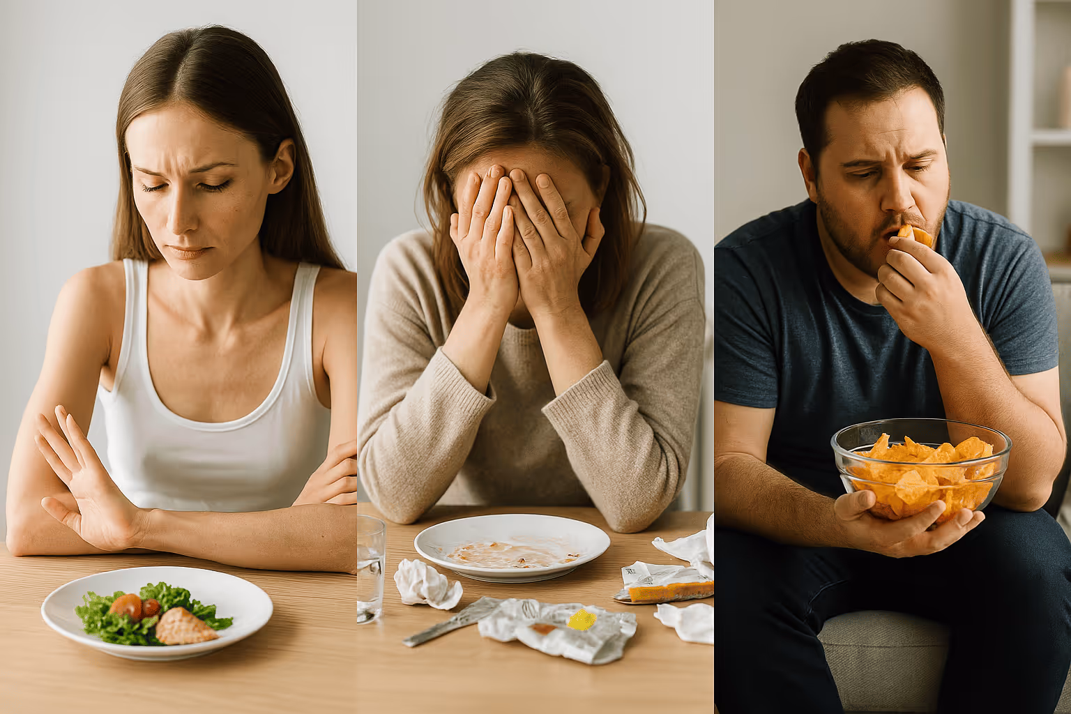 Drei Personen vor Essen: eine mit verschränkten Armen, eine mit dem Gesicht in den Händen, eine beim Essen von Chips.