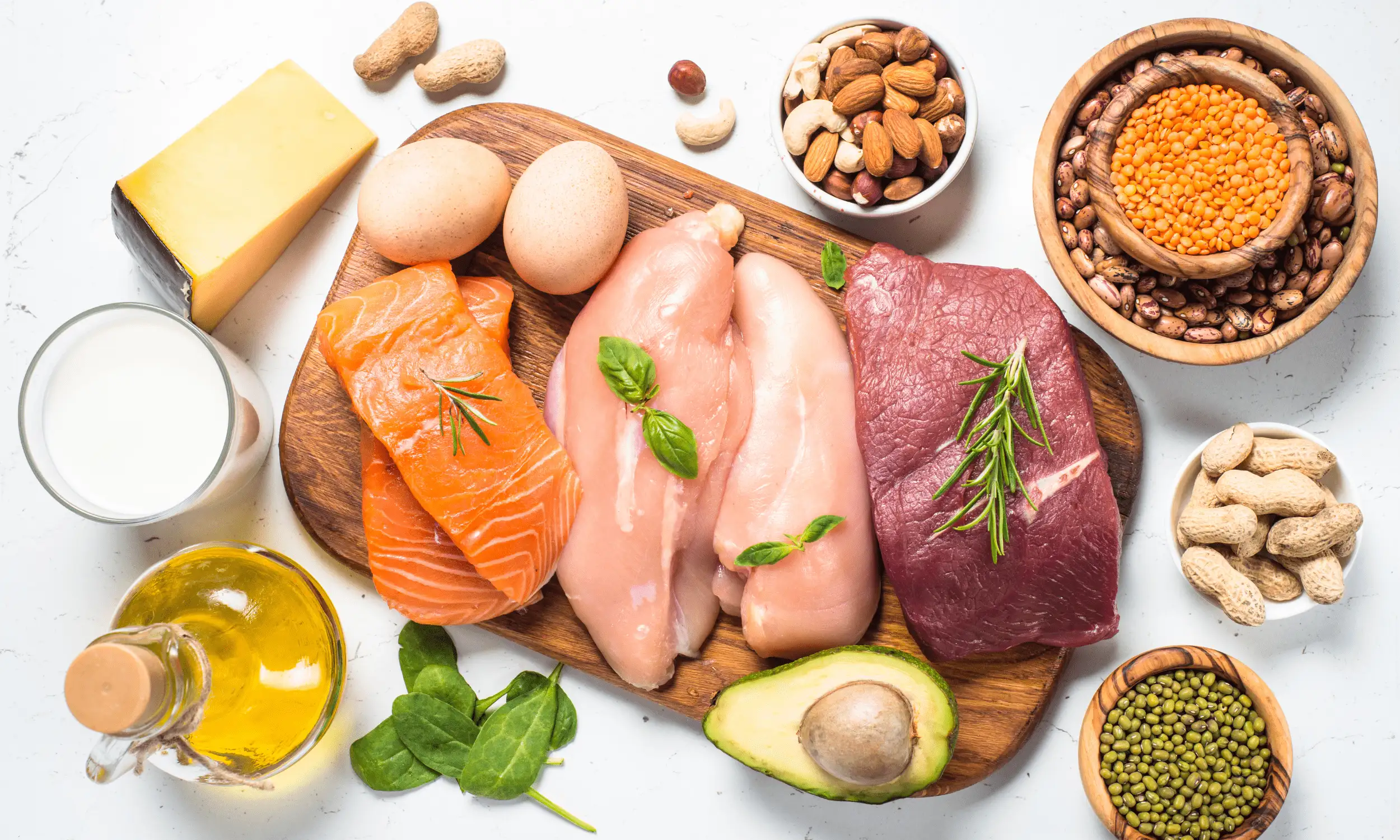 Fleisch, Lachs, Eier, Milch, Hülsenfrüchte, Nüsse und Avocado.