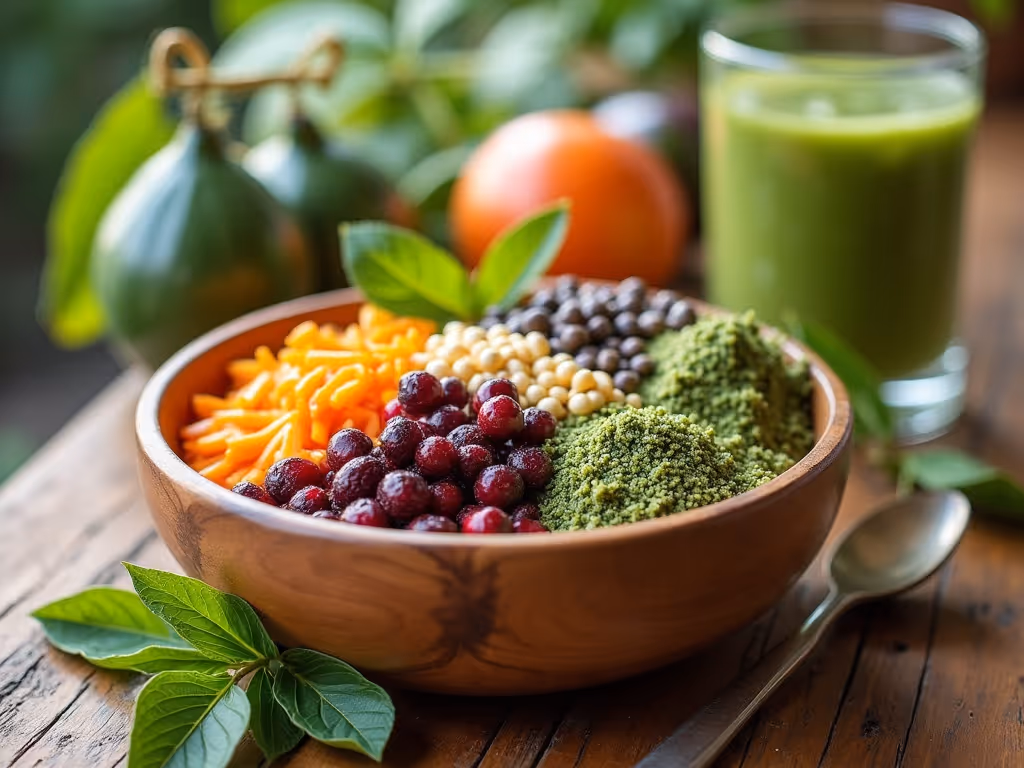 Eine Schale mit nährstoffreichen Superfoods, im Hintergrund ein Smoothie