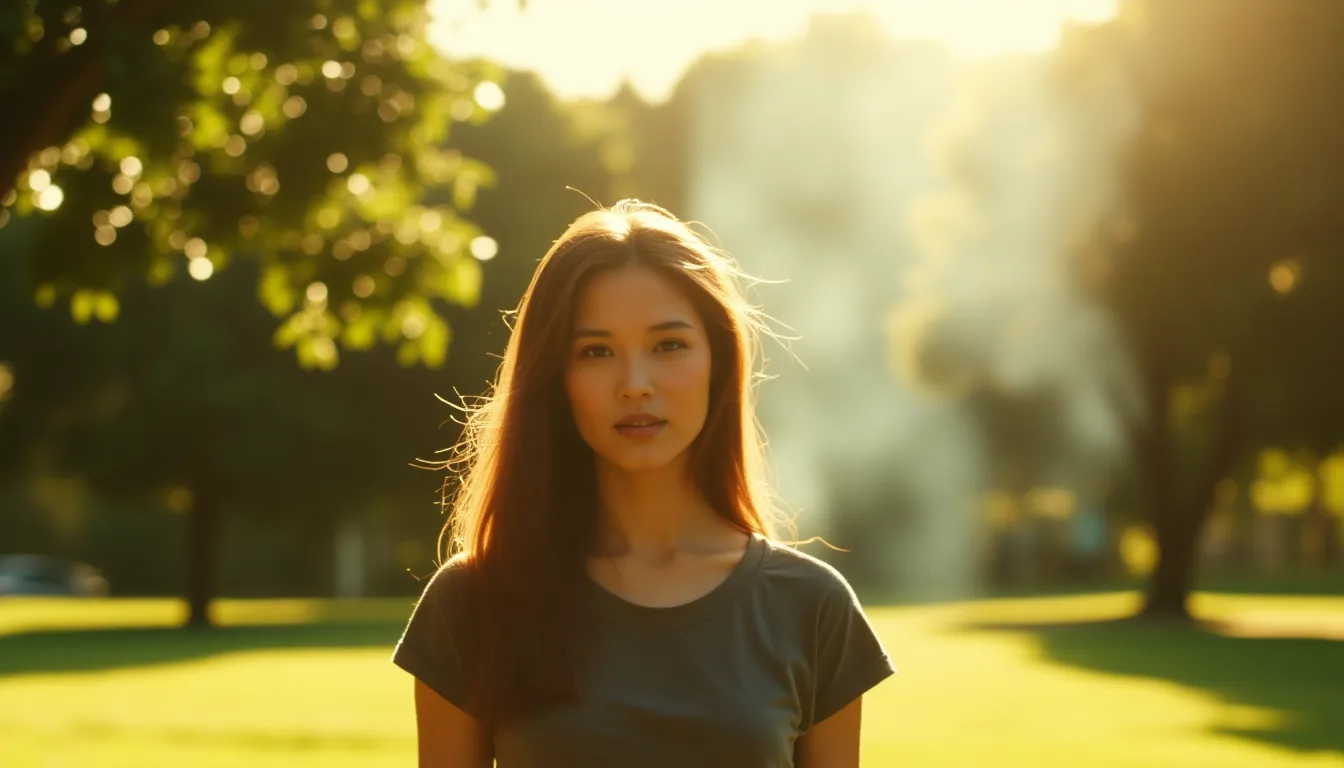 Frau steht im Gegenlicht auf einer Wiese im Park.