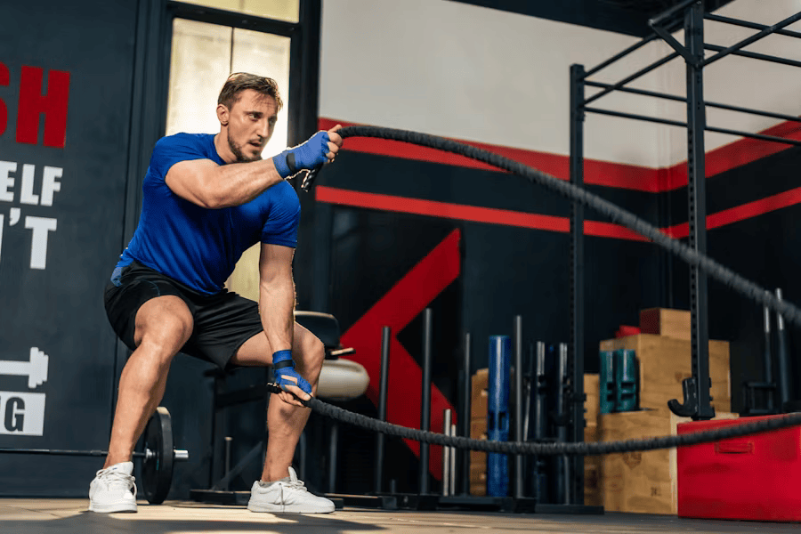 Mann macht HIIT Training im Fitnessstudio.