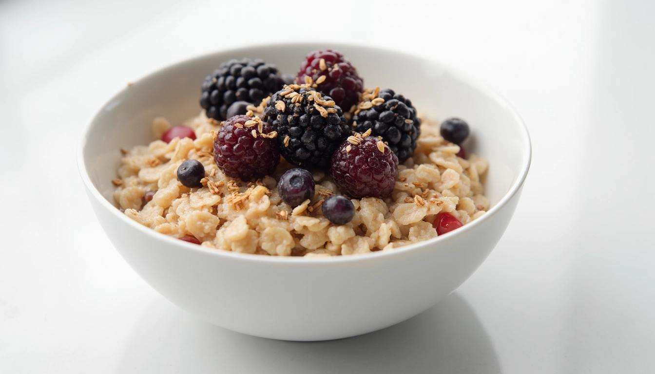 Kunstvoll angerichtete Schüssel mit Haferflocken, Beeren und Leinsamen, steht für gesunde Ernährung & Hormonbalance
