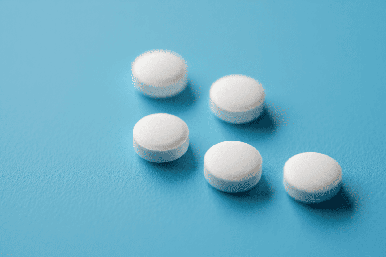 Fünf weiße Tabletten auf blauem Hintergrund.