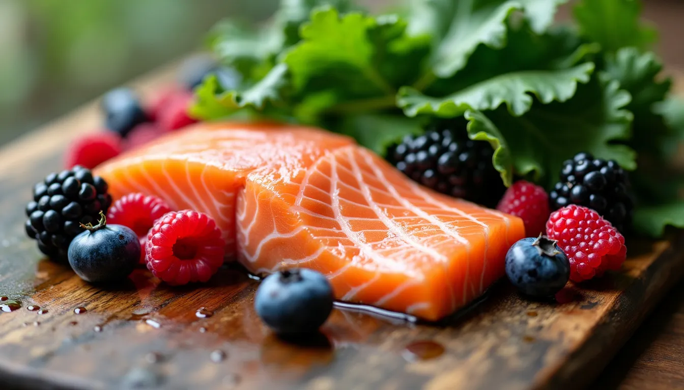 Eine Auswahl entzündungshemmender Lebensmittel, wie Lachs, Blattgemüse und Beeren, die Frauen mit Hashimoto beim Abnehmen helfen können.
