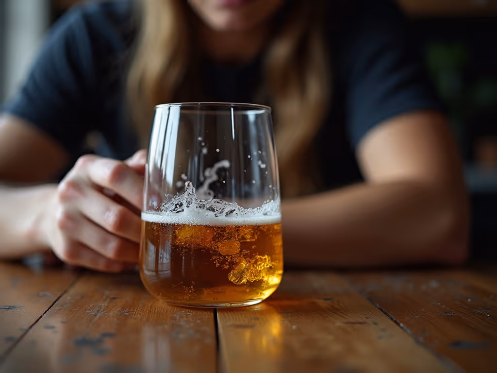 Person sitzt mit einem Bierglas am Tisch.
