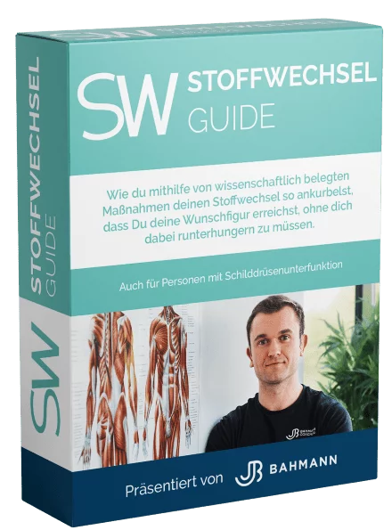 Cover des 'Stoffwechsel Guide' von Jan Bahmann. Das Buch verspricht wissenschaftlich belegte Methoden, um den Stoffwechsel anzukurbeln und die Wunschfigur zu erreichen, ohne Hungern. Es richtet sich auch an Personen mit Schilddrüsenunterfunktion.
