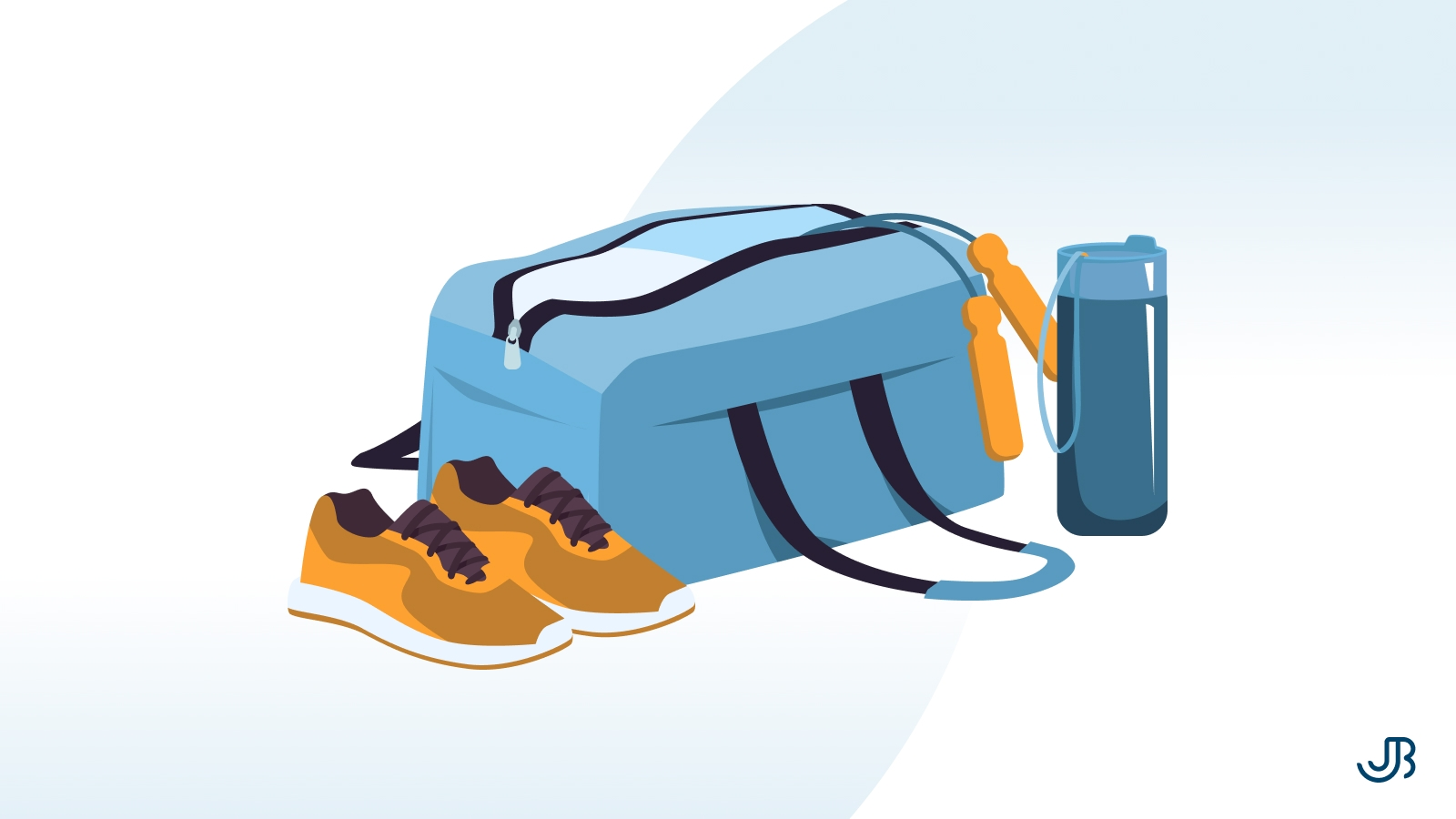 Illustration einer Sporttasche mit Fitnesszubehör, darunter orangefarbene Turnschuhe, ein Springseil und eine Wasserflasche. Symbolisiert Fitnessvorbereitung und Ausrüstung für ein Workout, passend zu einem aktiven Lebensstil.