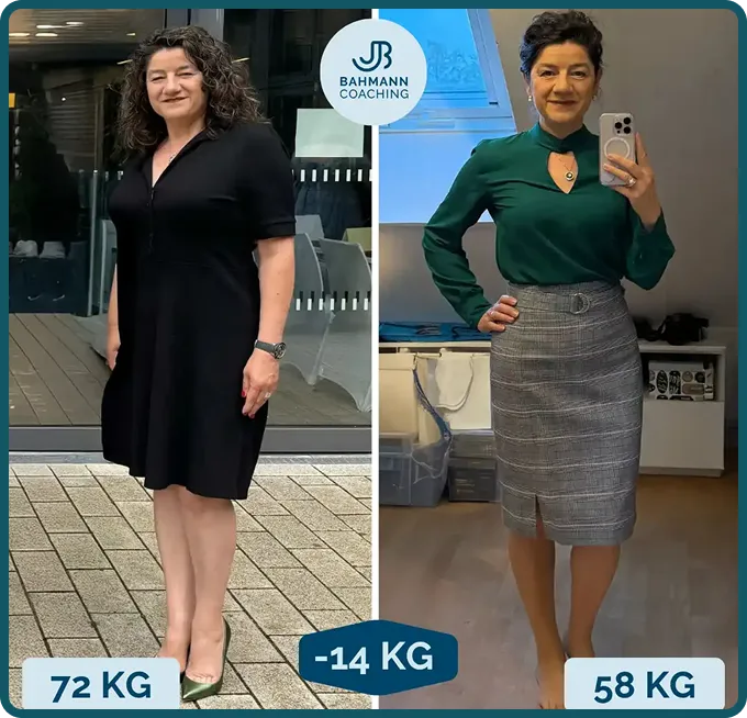 Neben-neben-Fotos einer Frau vor und nach einer Gewichtsabnahme von 14 kg, die einen deutlichen Gewichtsverlust zeigen 
