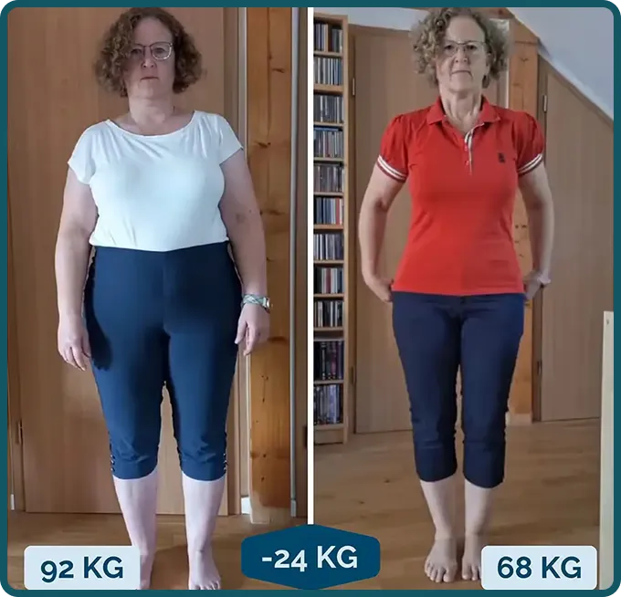 Neben-neben-Fotos einer Frau vor und nach einer Gewichtsabnahme von 24 kg, die einen deutlichen Gewichtsverlust zeigen 
