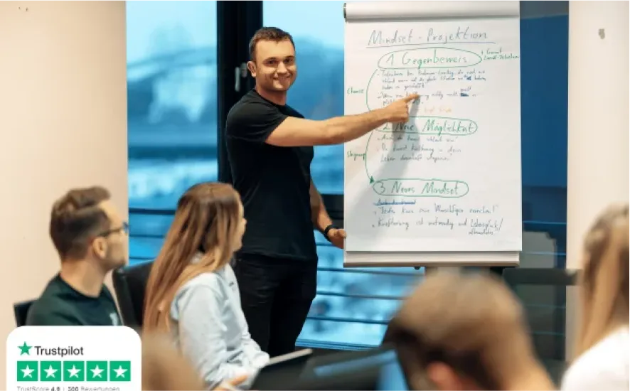 Jan Bahmann hält eine Präsentation vor einer kleinen Gruppe und erklärt ein Mindset-Konzept an einem Flipchart. Die Teilnehmer hören aufmerksam zu, während Jan Bahmann mit einem lächelnden Gesicht auf die Tafel zeigt. Ein Trustpilot-Logo mit einer Bewertung von 4,8 Sternen ist unten links zu sehen.