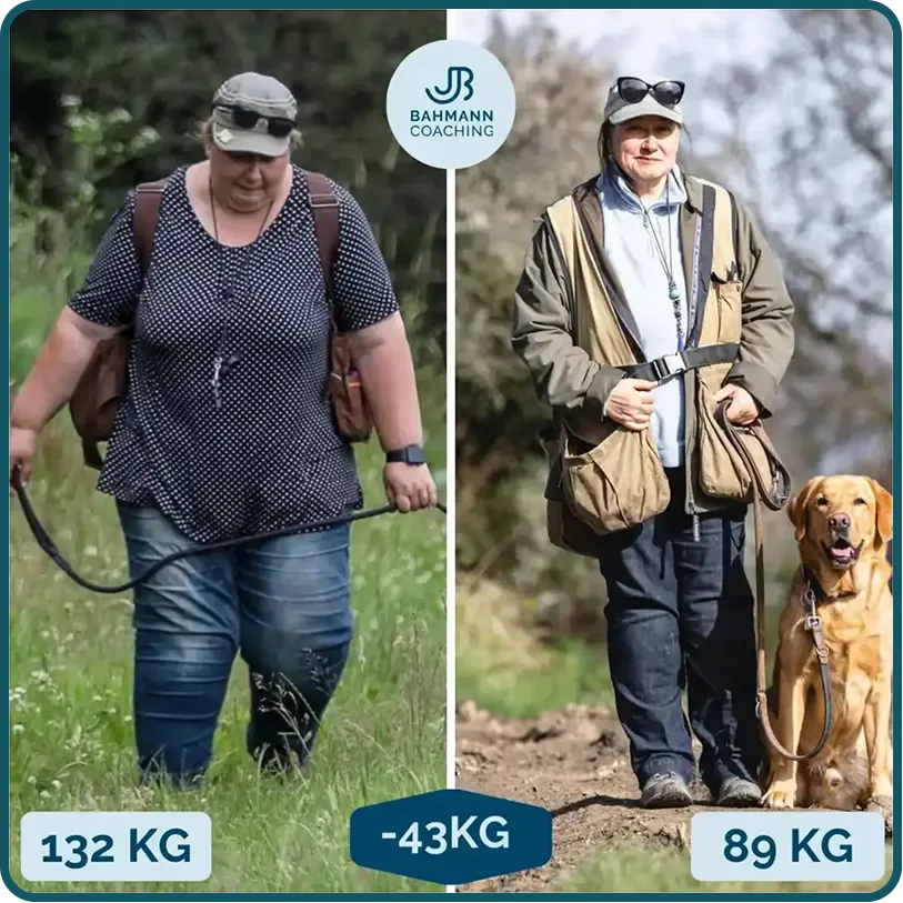 Neben-neben-Fotos einer Frau vor und nach einer Gewichtsabnahme von 43 kg, die einen deutlichen Gewichtsverlust zeigen 