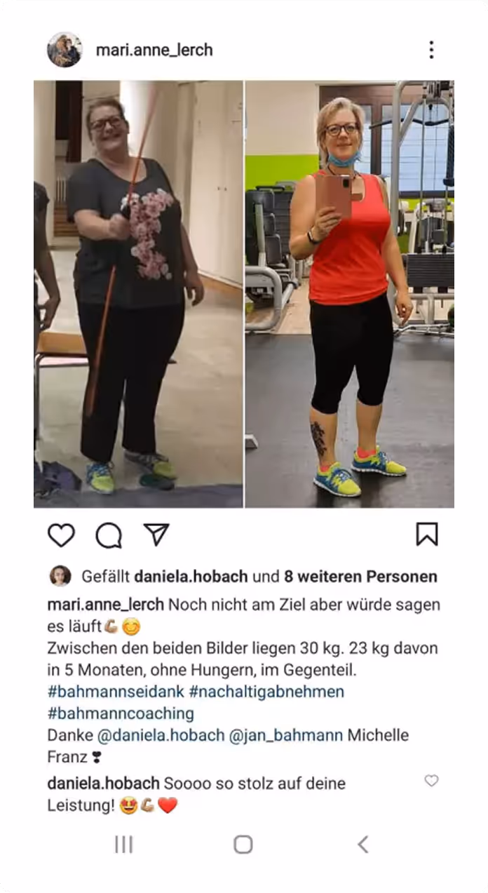 Ein Instagram Post von einer Frau die dank Jan Bahmann 30 kg abgenommen hat