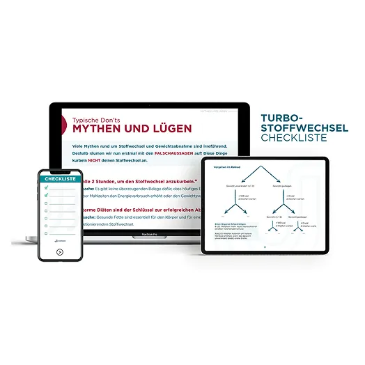 Mobiltelefon, Laptop und Tablet mit einer Turbo-Stoffwechsel-Checkliste und informativen Inhalten zu Stoffwechselmythen und Ernährungstipps.