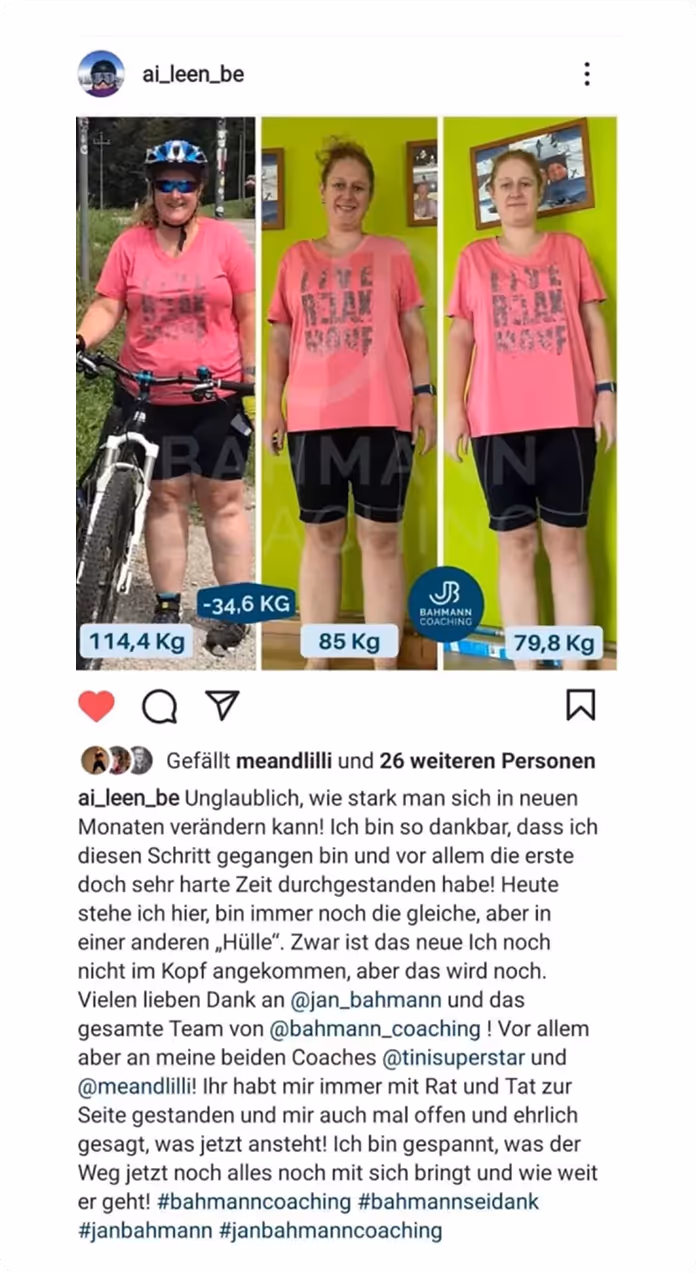 Ein Instagram Post von einer Frau die dank Bahmann Coaching 35 kg abgenommen hat