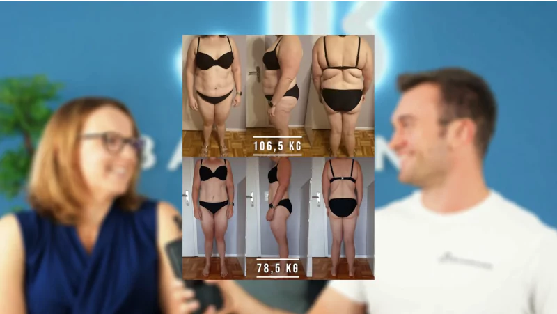 Bilder vergleich von einer Frau die dank Jan Bahmann von 106,5 kg zu 78,5 kg Körpergewicht gekommen ist. Im Hintergrund die Frau und Jan Bahmann bei einem Gespräch
