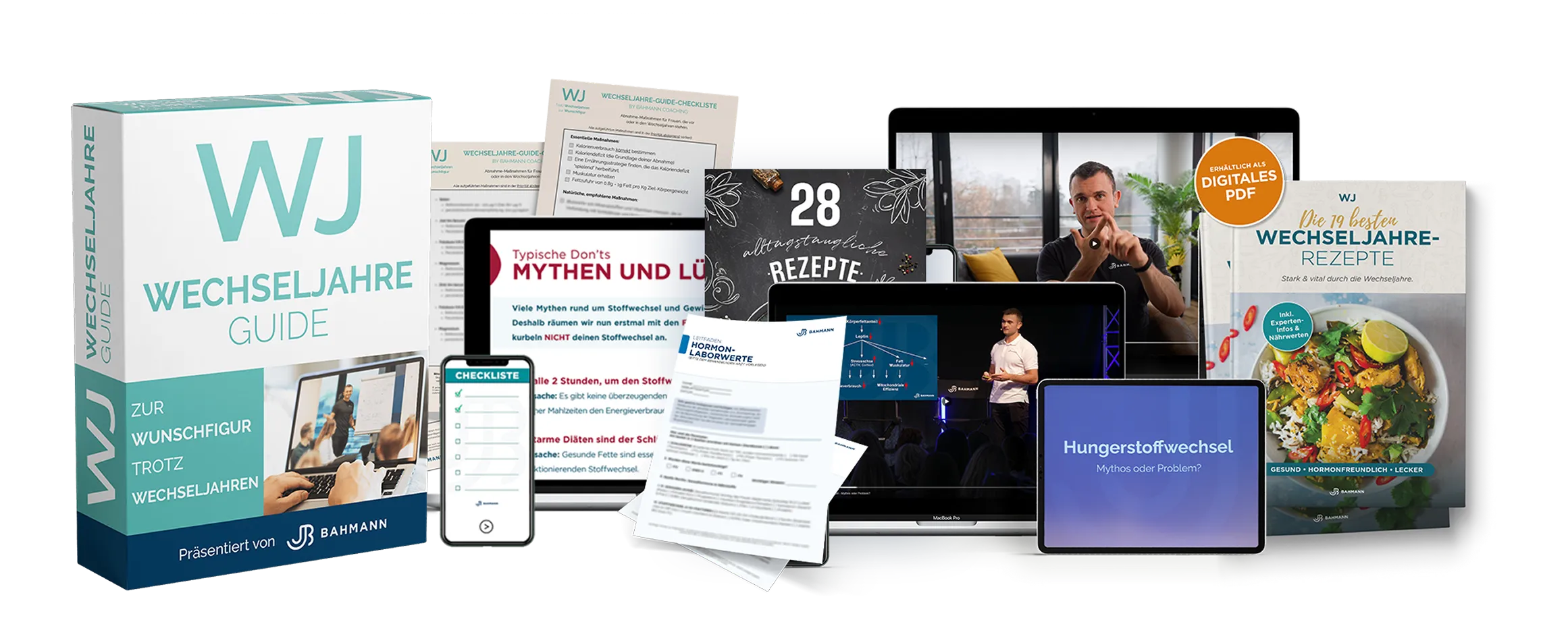 Sammlung digitaler und gedruckter Materialien, darunter ein Leitfaden, Checklisten, ein Rezeptheft und Video-Tutorials zum Thema Menopause und Stoffwechselberatung.