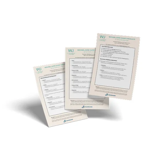 Drei beigefarbene Checklisten-Dokumente mit dem Titel „WECHSELJAHRE-GUIDE-CHECKLISTE”